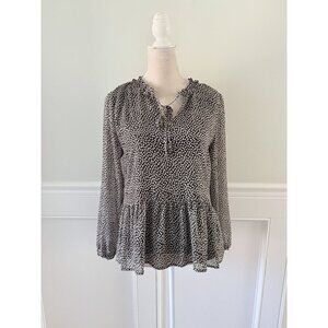 Loft Black Tulip Print Ruffle Neck Long Sleeve Blouse S – Excellent Condition